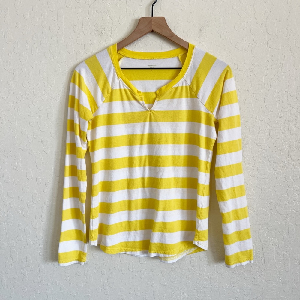 Garnet Hill Cotton Modal Notched V-Neck Long Sleeve T-Shirt Small Yellow Stripes